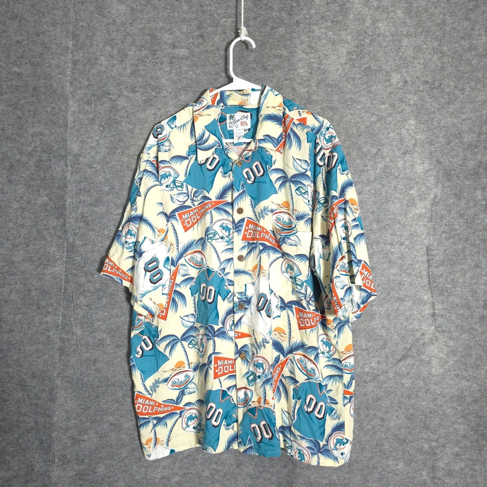 Sun & Turf Miami Dolphins NFL Mens XL Cream Hawaiian Rayon Allover Print Shirt